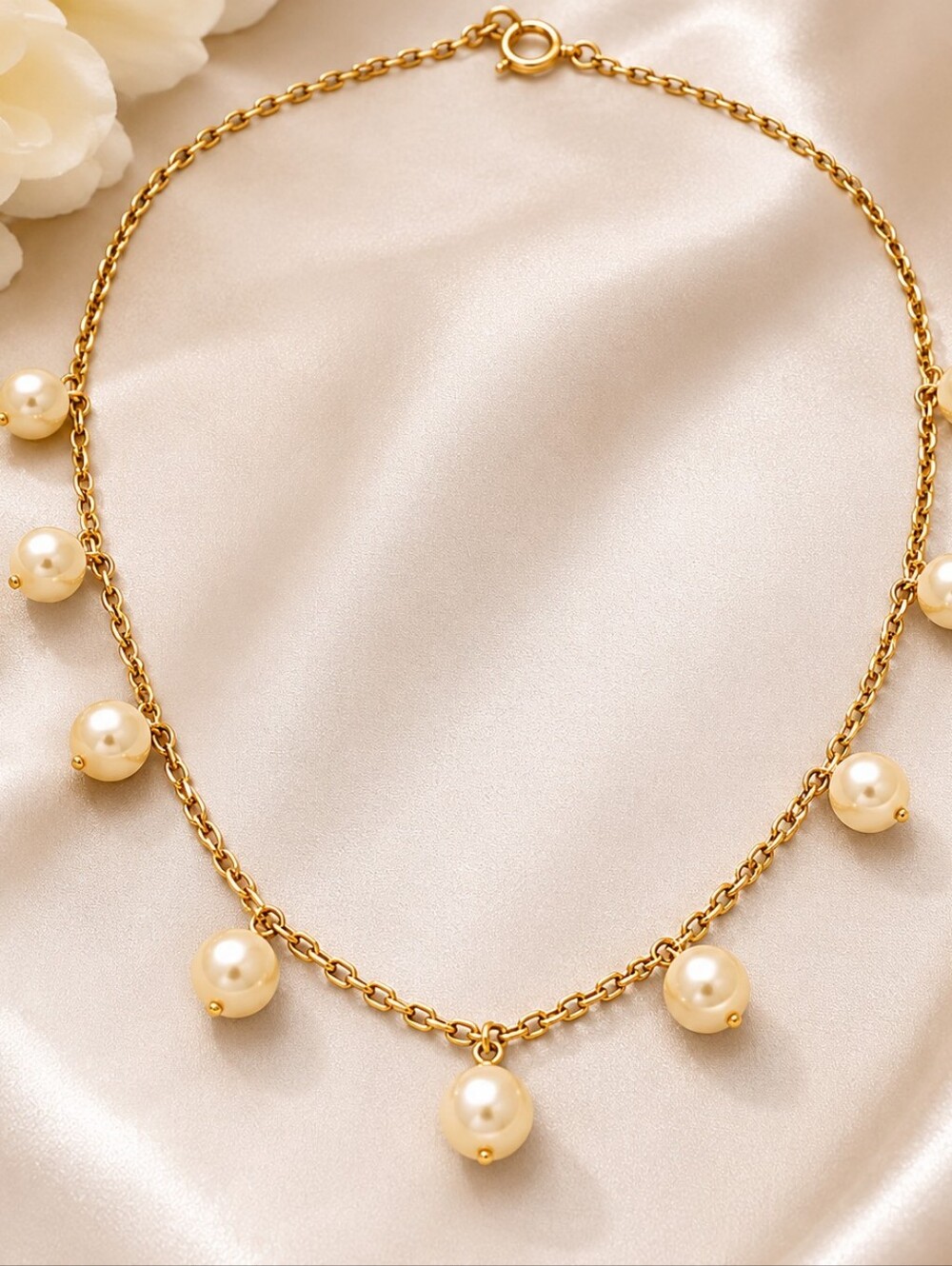 Gold Tone Faux Pearl Station Necklace 16" Dainty Minimalist Choker - Picture 3 of 10